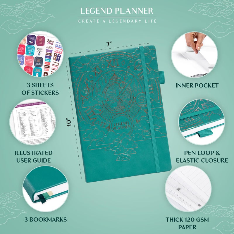 Legend Planner PRO â€“ Deluxe Weekly & Monthly Life Planner to Increase Productivity and Hit Your Goals. Time Management Organizer Notebook â€“ Undated â€“ 7 x 10" Hardcover + Stickers â€“ Viridian Green - Image 2